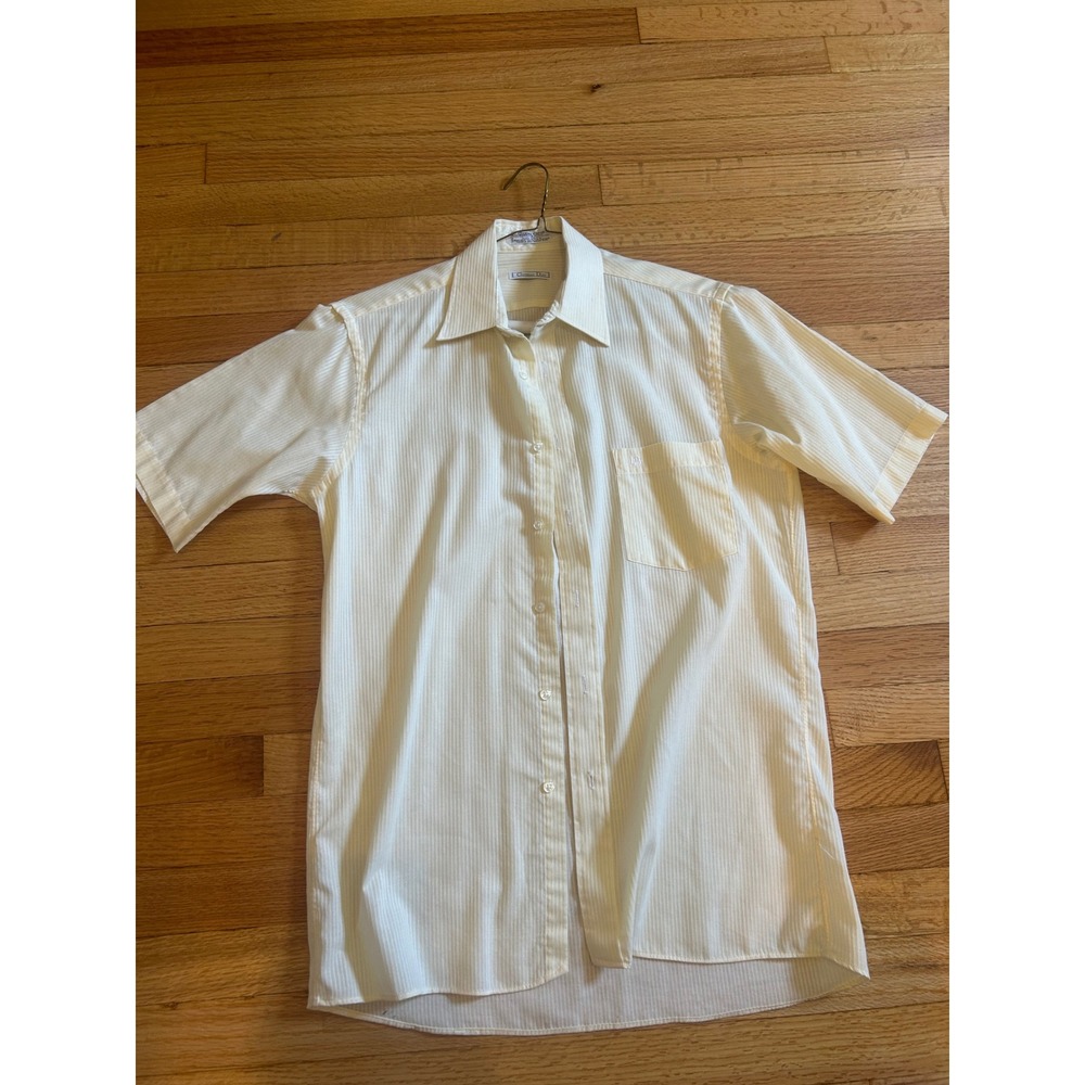Christian Dior Mens Vintage Short Sleeve Button Down Shirt Cream Pinstripe 15 SS